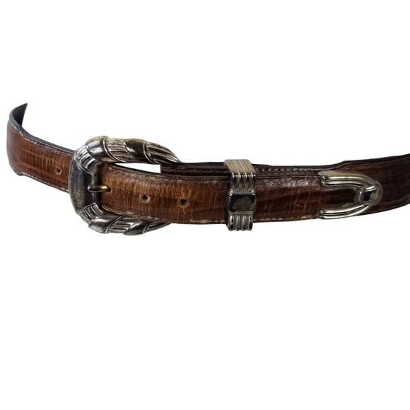 Brighton Onyx Brown Leather Embossed Silver Tone Buckle Belt Size 30 - Picture 1 of 4